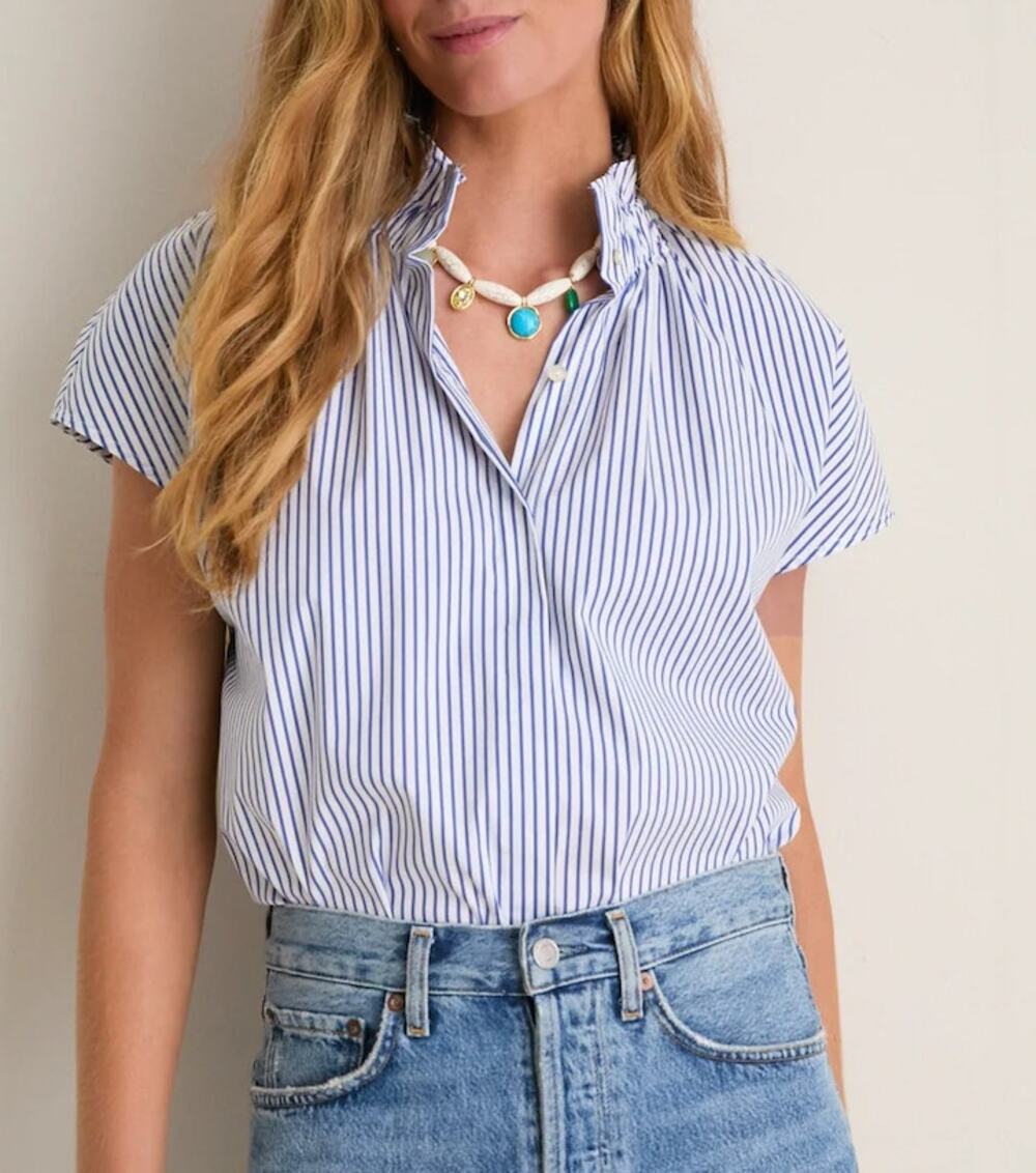 Pomander Place Blue Stripe Rae Blouse Tuckernuck Size Small Ruffle Collar Preppy